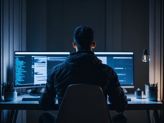 Back view man using a computer at night. Generative AI
