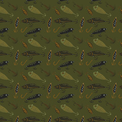 Fishing and fly fishing lures seamless pattern. Background, wallpaper or textile pattern design