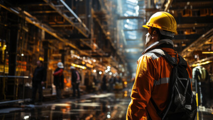 Urban Builders. A worker in a helmet standing in front of construction cranes, in the style of urban cityscapes. Progress and urban development concept. AI Generative