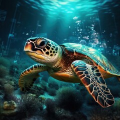 Fototapeta premium turtle swimming in technology ocean
