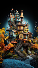 Fantasy cartoon castle in the forest for children. A castle in a fairy tale creative with generative AI technology.