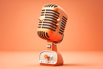 Vintage metal microphone, retro item on orange background, copy space. Art style microphone, classical music nostalgia