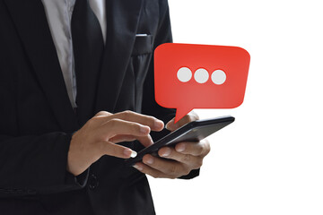 Businessman using mobile phone with speech bubble isolated on transparent background.