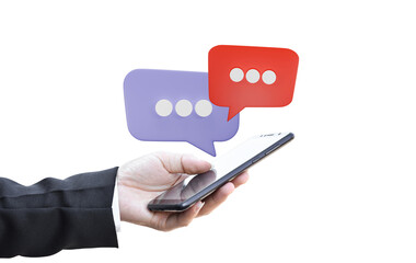 Hand using mobile phone with speech bubble isolated on transparent background.