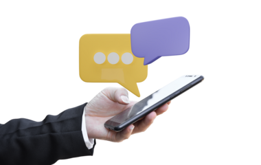Hand using mobile phone with speech bubble isolated on transparent background.