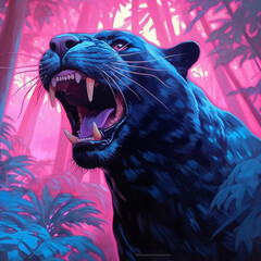 A black panther roaring to the front with a blue gradation to it AI generative