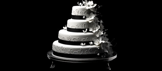 Elegance in Monochrome: Captivating Wedding Cake on Black Background, Celebrating the Beauty of Love and Union.  