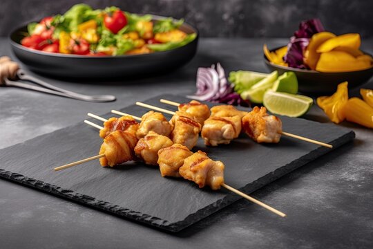 chicken skewers served on a slate board with a side salad in the background. Generative AI