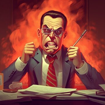 A cartoonish picture of an angry office worker with a bright red face AI generative