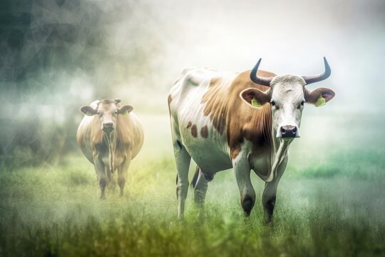 Illustration of two cows grazing on a vibrant green pasture