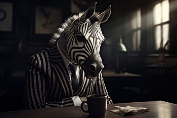 Fototapeta na wymiar Anthropomorphic Zebra dressed in a suit like a businessman. Business Concept. AI generated, human enhanced