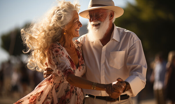 Forever Young. Senior Couple Embracing the Joy of Dance on the Street. AI Generative