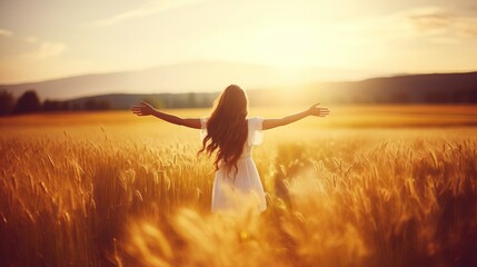 Back view, a young beautiful woman in a white dress on a Golden wheat field admiring the harvest.