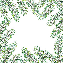 Coniferous square frame made of coniferous branches on a white background