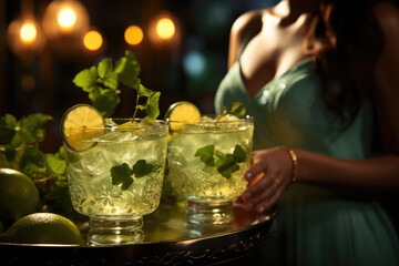 Mojito Tropical Vibes: A Classic Cuban Mojito Cocktail with Rum and Fresh Ingredients, Held by a Seductive Woman
