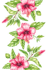 Watercolor background with red hibiscus flowers on a white background