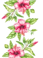 Fotobehang Tropische Bladeren Watercolor background with red hibiscus flowers on a white background  © SashaKondr