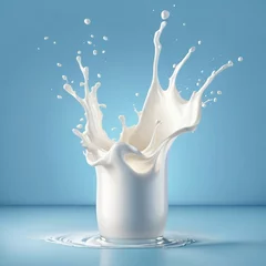 Zelfklevend Fotobehang White milk splash isolated on blue background © Maule