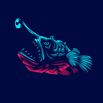 Angler fish logo with colorful neon line art design with dark background. Abstract underwater animal vector illustration.