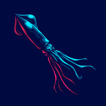 recommend clip art: Squid logo with colorful neon line art design with dark background. Abstract underwater animal vector illustration.