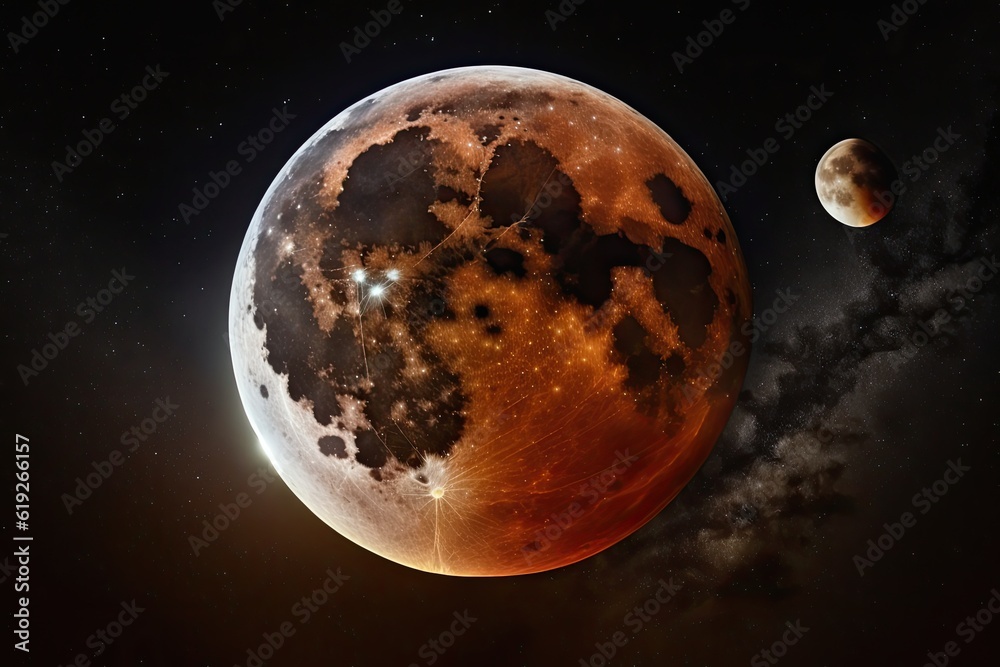 Wall mural two celestial bodies with a starry background and cloudy atmosphere. generative ai
