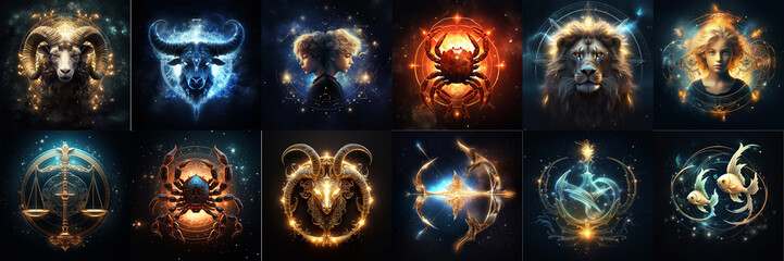 Set of Zodiac signs, Stars series of astrological symbols for horoscope theme, generative AI