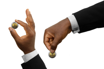 Black Hands holding Egyptian 1 pound coin isolated on transparent background. Hand holding coin