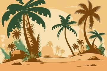 serene tropical landscape with palm trees and rock formations. Generative AI