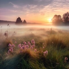 A calming and peaceful sunrise over a mistcovered meadow symbolizing new beginnings and hope 