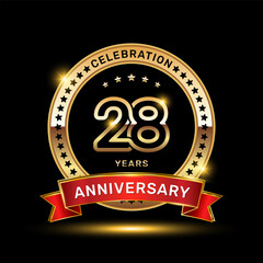 28th anniversary celebration logo design with golden color emblem style and red ribbon, vector template