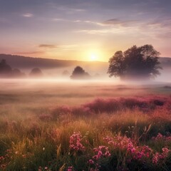 Fototapeta premium A calming and peaceful sunrise over a mistcovered meadow symbolizing new beginnings and hope 