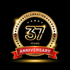 37th anniversary celebration logo design with golden color emblem style and red ribbon, vector template