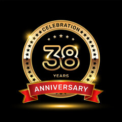 38th anniversary celebration logo design with golden color emblem style and red ribbon, vector template