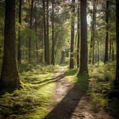 Obraz premium A calming and serene forest path with sunlight filtering through the trees providing a peaceful space for introspection with nature generative AI