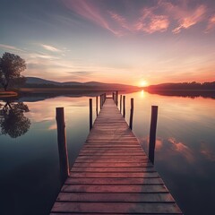 Fototapeta premium A calming and soothing sunset over a calm lake dock creating a peaceful and reflective atmosphere that encourages inner peace and tranquility generative AI