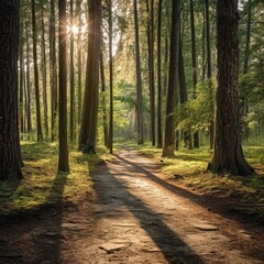 Fototapeta premium A calming and serene forest path with sunlight streaming through the trees offering a tranquil space for self reflection and contemplation generative AI