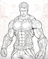 Fototapeta na wymiar Black and white coloring book page of muscular super hero guy 