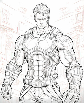 Black And White Coloring Book Page Of Muscular Super Hero Guy 