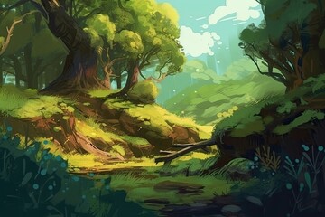 serene forest landscape with a flowing stream. Generative AI