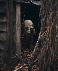 Creepy stalking monster by a cabin in the woods nightmare scene