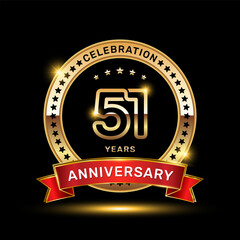 51th anniversary celebration logo design with golden color emblem style and red ribbon, vector template