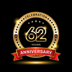 62th anniversary celebration logo design with golden color emblem style and red ribbon, vector template