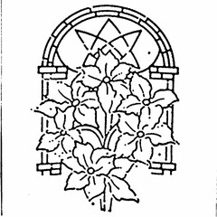 Black and white coloring book page stained glass window with flowers