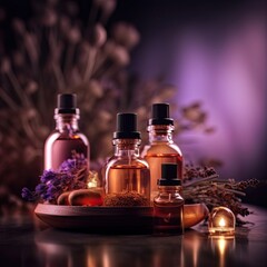 A collection of aromatic essential oils and a diffuser promoting relaxation and aromatherapy  - obrazy, fototapety, plakaty