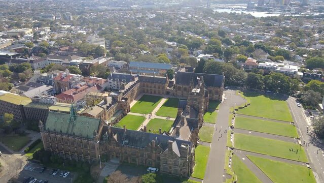 Aerial drone view of the University of Sydney at the Sydney CBD campus, NSW Australia showing the Great Hall on a sunny day 