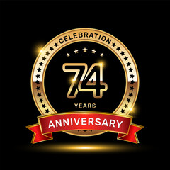 74th anniversary celebration logo design with golden color emblem style and red ribbon, vector template