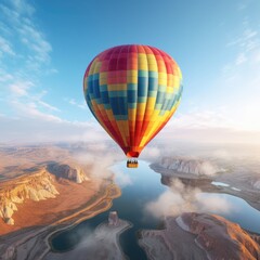 A colorful hot air balloon floating above a picturesque landscape generative AI