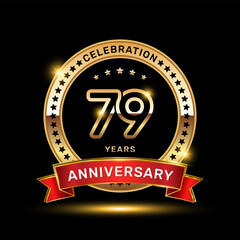 79th anniversary celebration logo design with golden color emblem style and red ribbon, vector template