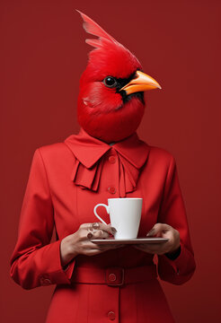 a woman in red costume is holding a laptop computer and coffee, in the style of hyperrealistic wildlife portraits. Generative AI