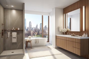  modern bathroom with a freestanding tub, minimalist sink, and floor-to-ceiling windows. Generative AI
